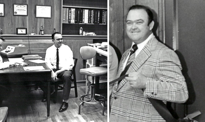 Claude Lessig, PE, shown in GRW's offices. At right he helps cut the ribbon during an opening celebration in 1972 at the firm's Tates Creek location.