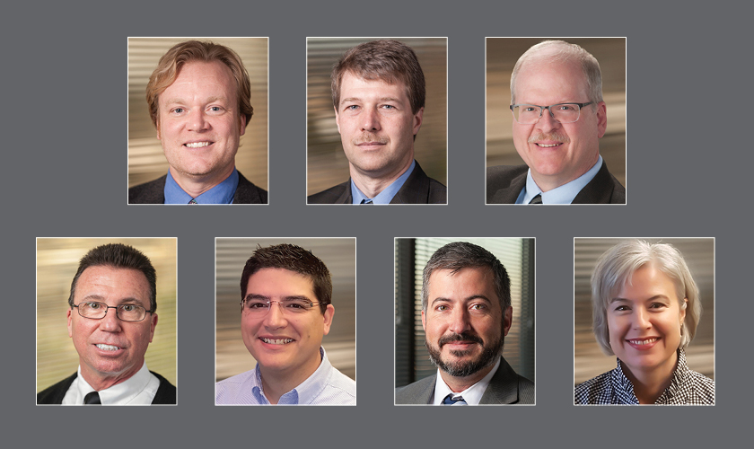 GRW's new vice presidents, clockwise from top left: Eric Fister, Mike Jacobs, Roger Kennedy, John Martin, Aaron Nickerson, Roderick Saylor, and Cory Sharrard. 