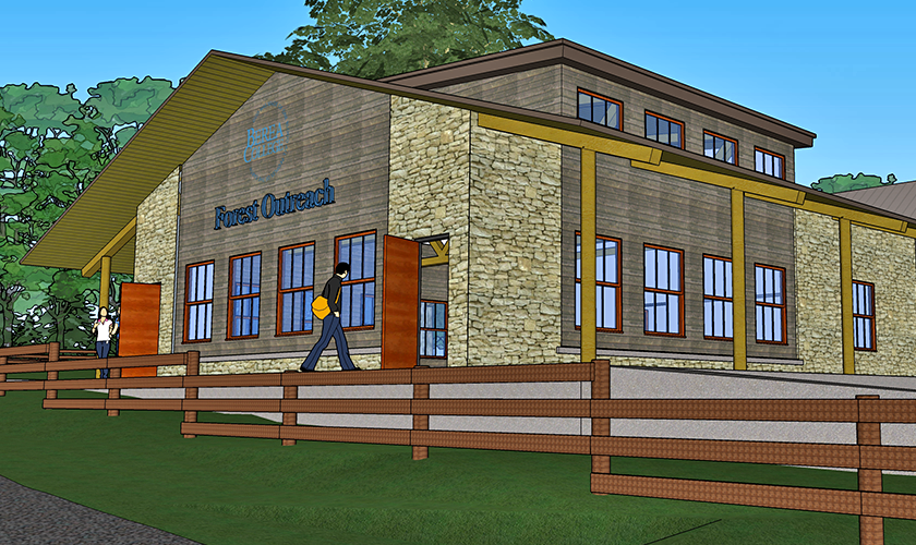 A rendering shows one angle of Berea College's new Forestry Outreach Center designed by GRW. Construction began in August 2016.