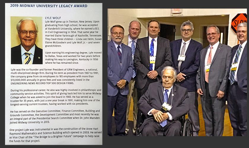 A snapshot of the Spotlight Awards program is shown above left. Above right is a photo of Lyle Wolf, center front, during Midway's ceremony. He's joined by GRW employees, from left, Bob Smallwood, Rob Hench, Harvey Helm, Brad Montgomery (GRW's current president), and Joe Henry. Rick Wolf, second from left, is Lyle's son; he started his engineering career at GRW alongside many of those shown above. 