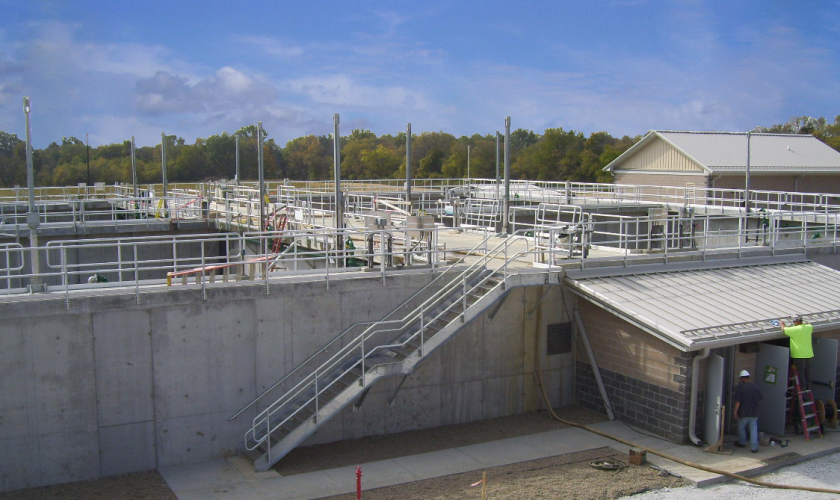 Workers put the finishing touches on the new Whitestown, IN, wastewater treatment plant last month. The new plant was designed to give the southeast Indiana town capacity to accommodate the town's growth for the next 20 years.  